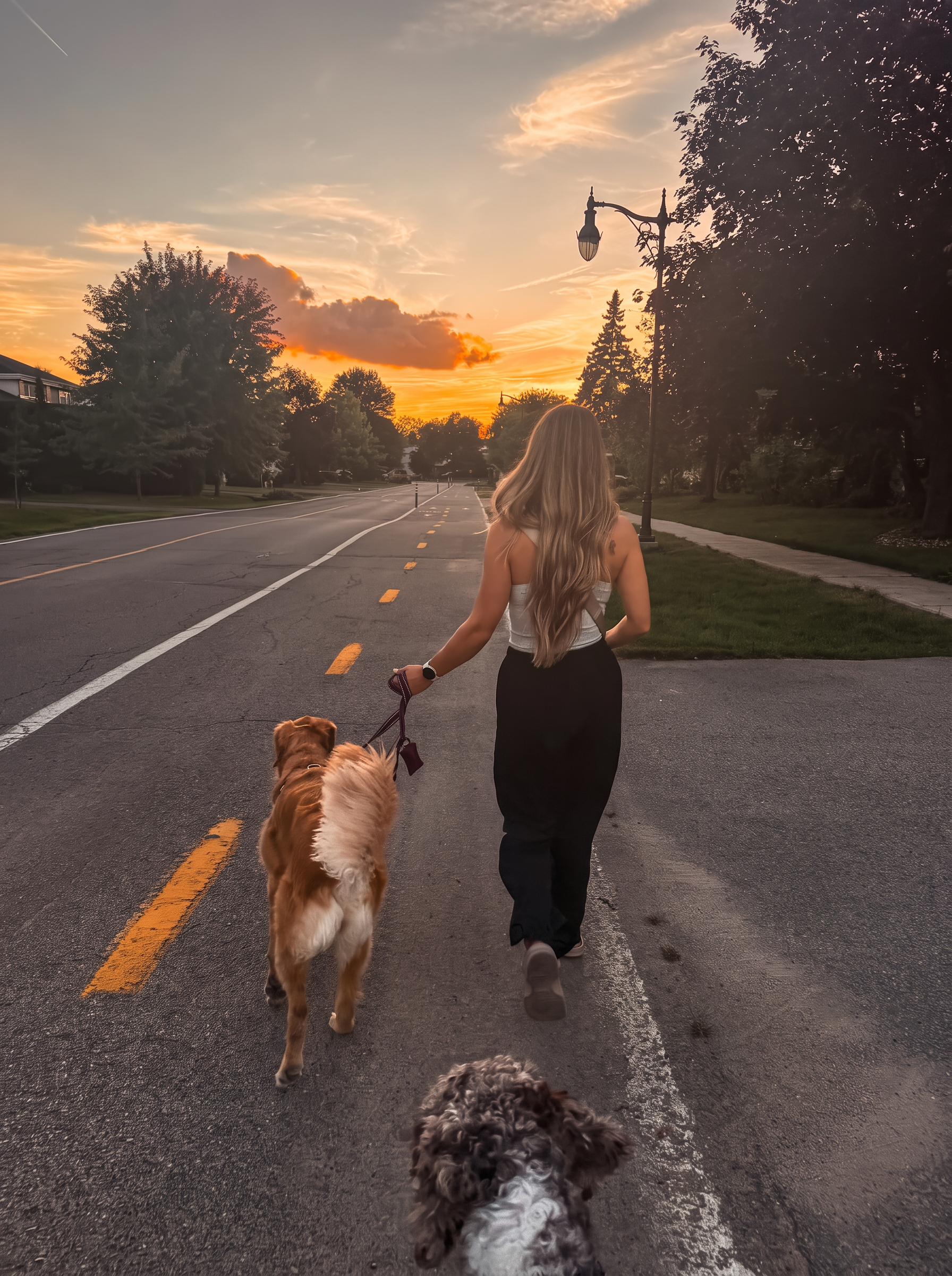 A woman seen from behind, sitting with her dog in a field