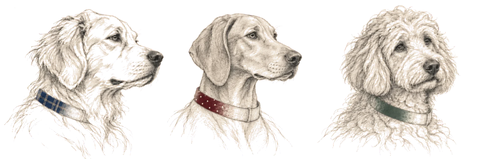Illustration of three dogs wearing the three MATE collar colourways