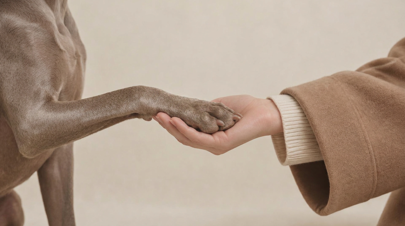 A dog resting beside its owner at home, wearing a MATE collar
